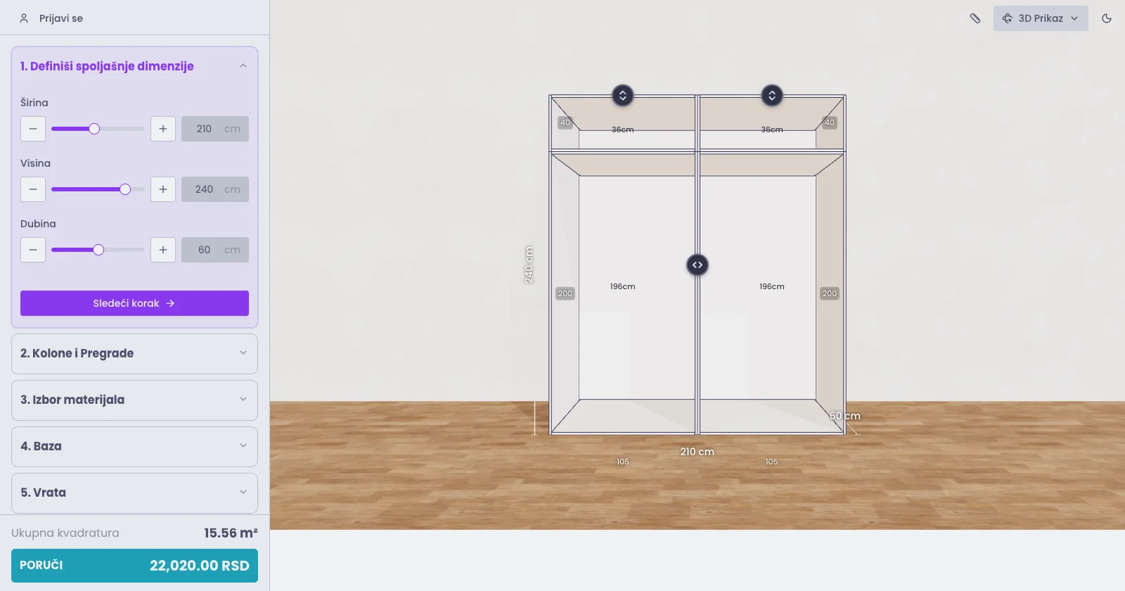 Besplatni program za crtanje ormara: konfigurator sa merama ormana u 3D